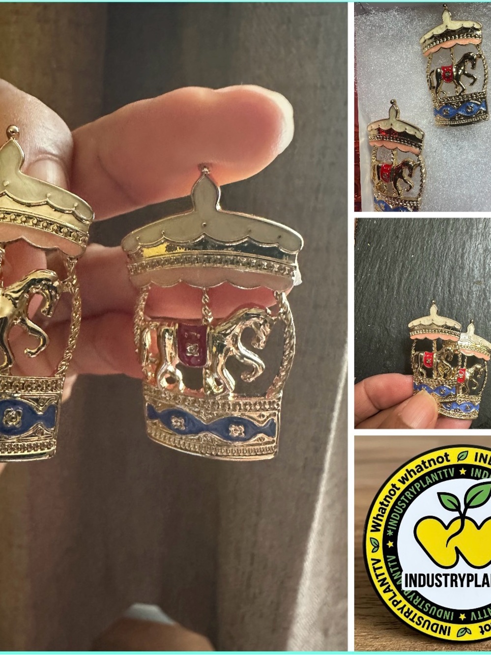 Gold Carousel Horse Drop Earrings with Red and Blue Enamel